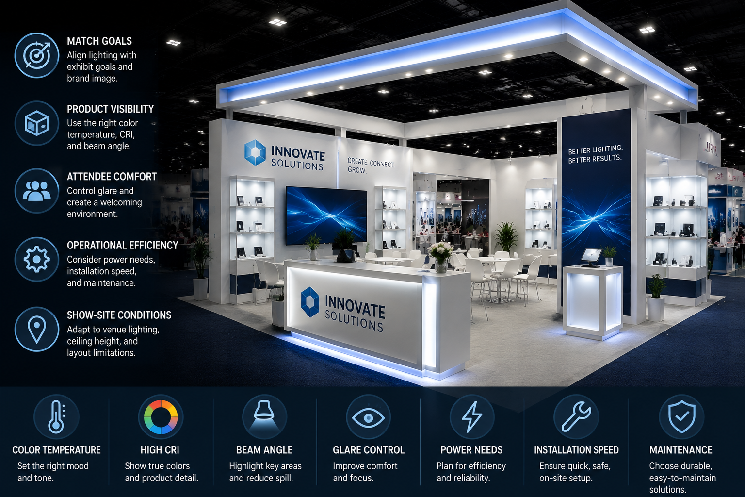 LED lighting for trade show booths with product display and branded exhibit design